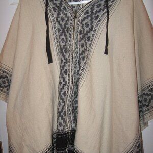 Hooded Zip-Up Poncho Cape Beige and Black Freshman Forever Size L/XL